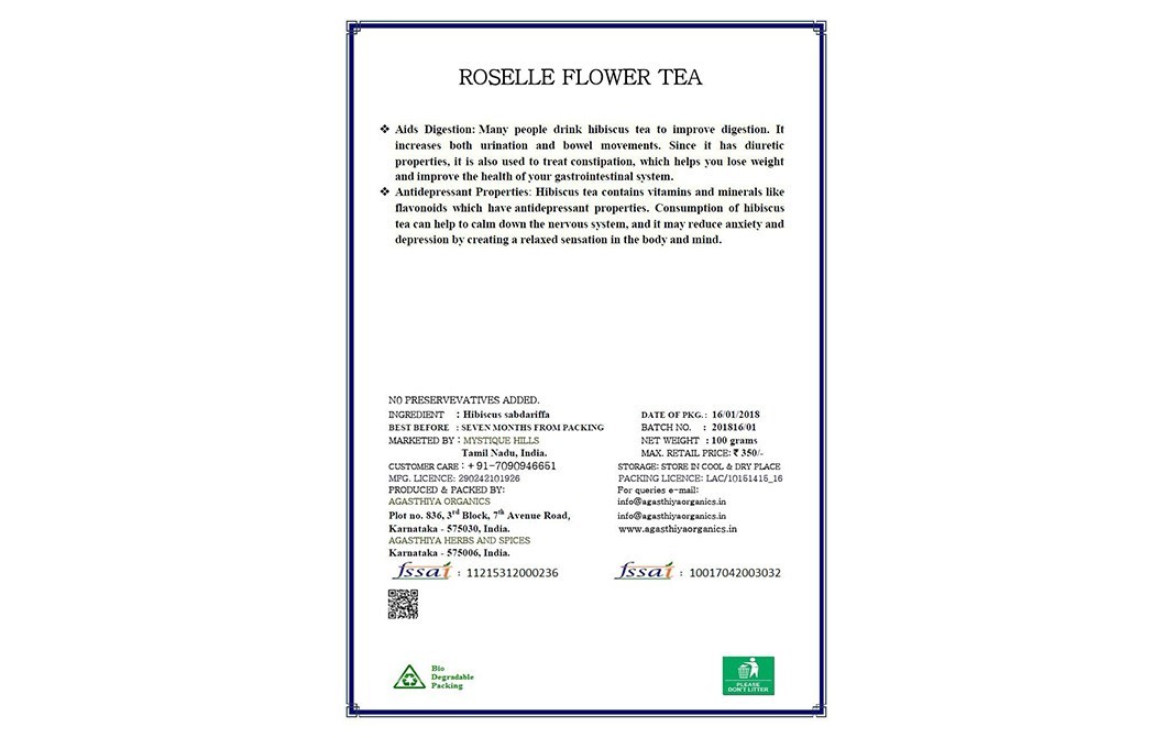 Mystique Hills Organic Roselle Flower Tea   Box  100 grams